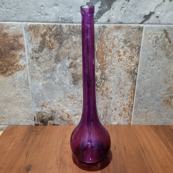 Purple Round Bottom Tall Long Neck Bud Vase Home Decor Art Glass - Picture 5 of 10